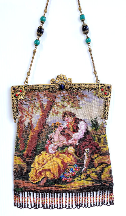 Antique French Steel Pink Beaded Purse Jeweled Frame Handbag
