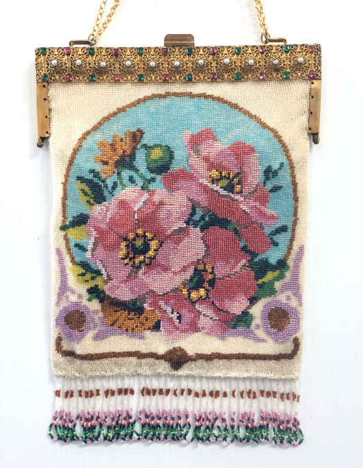Vintage beaded Bag with Floral Stitched Front